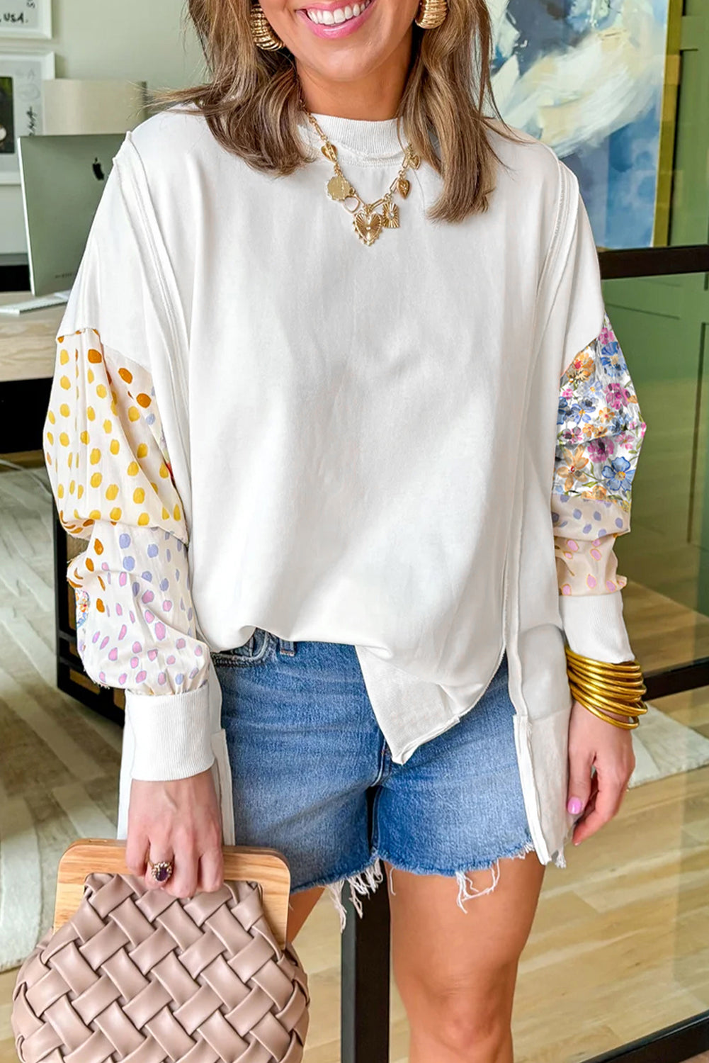 White Plus Size Exposed Seam Detail Contrast Dot Floral Patchwork Sleeve Sweatshirt