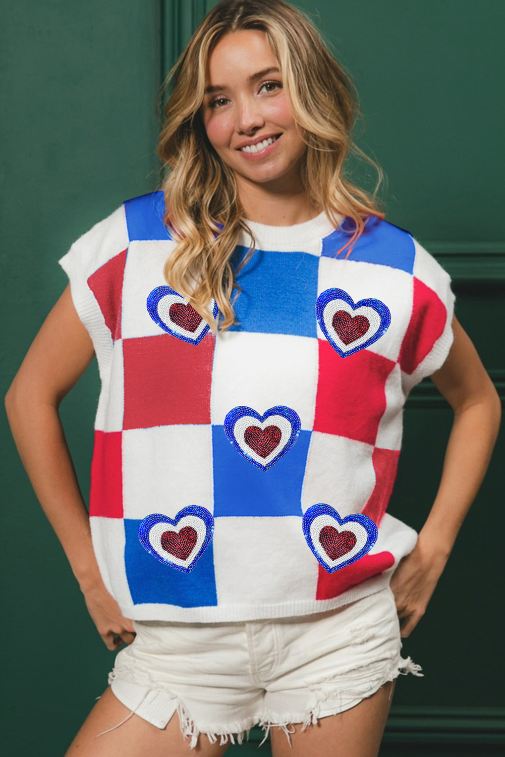 Fiery Red Heart Shape Patchwork Textured Collared V Neck Mini Dress