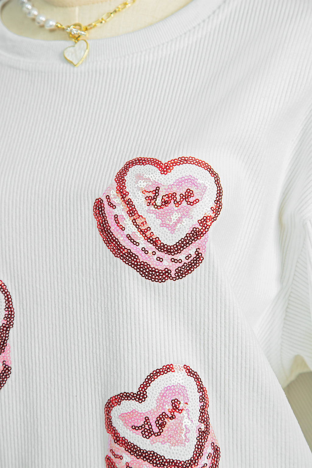 White Sequin Love Heart Pattern Corded Valentines Sweatshirt