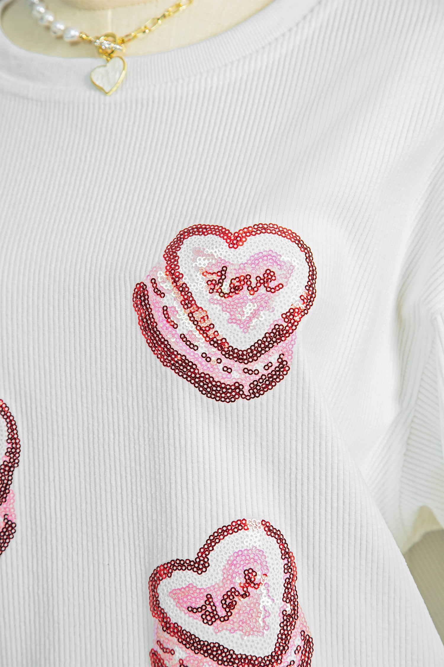 White Sequin Love Heart Pattern Corded Valentines Sweatshirt