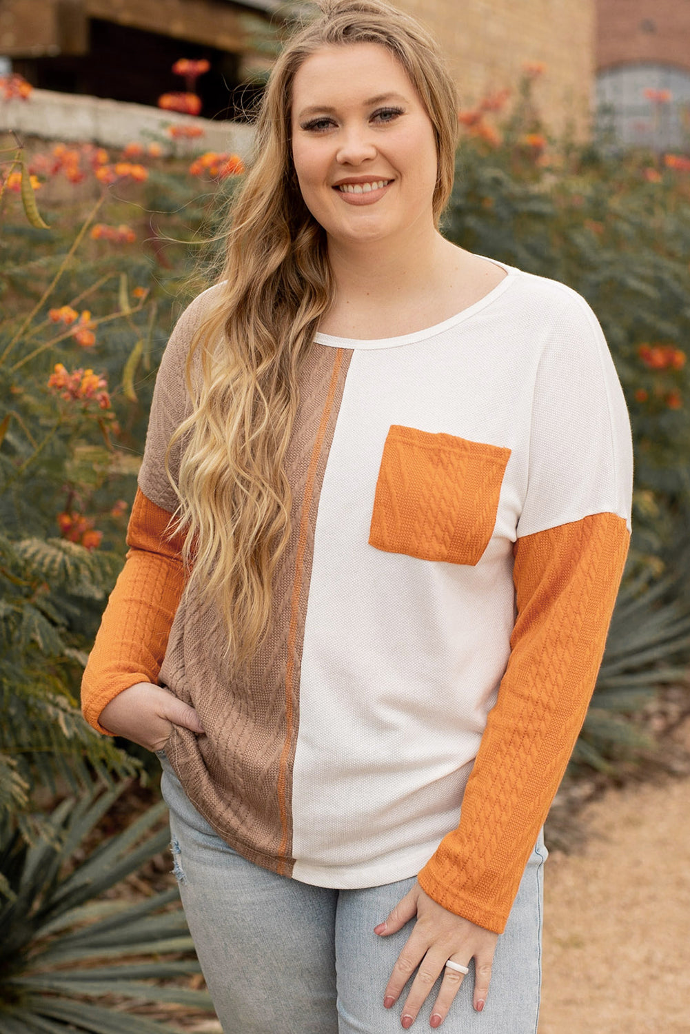 Orange Long Sleeve Colorblock Chest Pocket Textured Knit Top