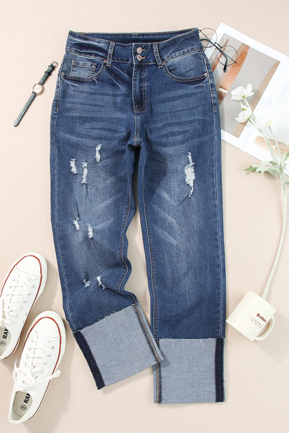 High Waist Distressed Straight Leg Jeans