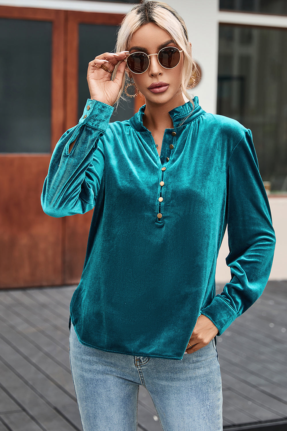 Burgundy Frilled Neck Buttoned Front Velvet Top