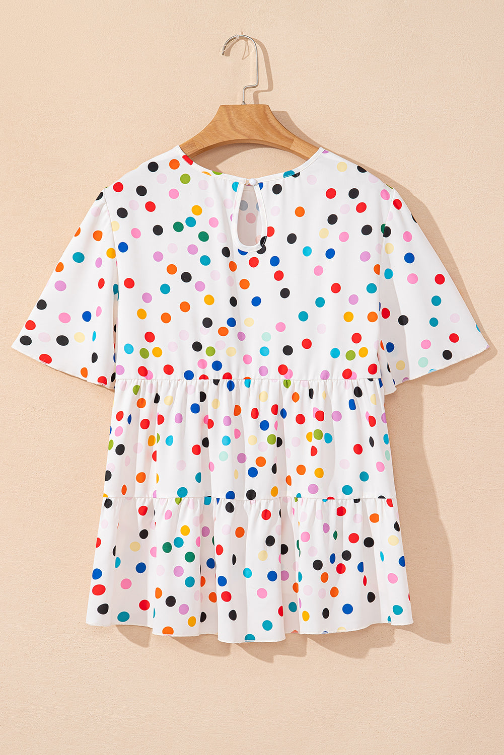 White Colorful Polka Dot Short Sleeve Tiered Ruffled Babydoll Blouse