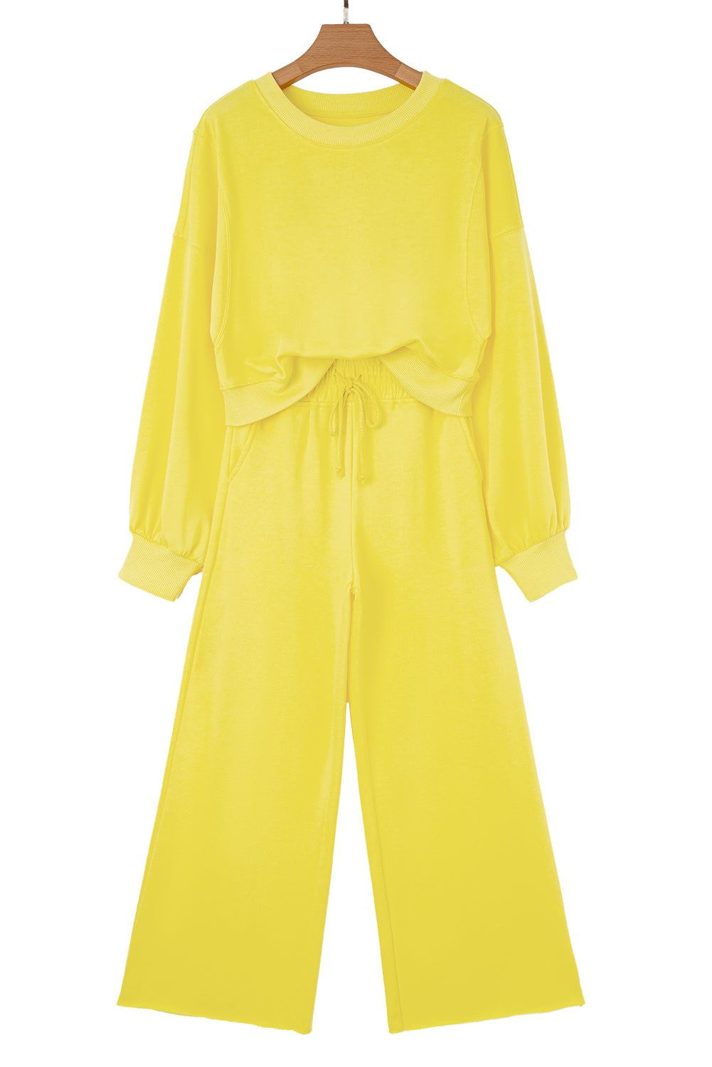 Bright Green Drop Shoulder Puff Sleeve Crop Pullover Drawstring Wide Leg Pants Set