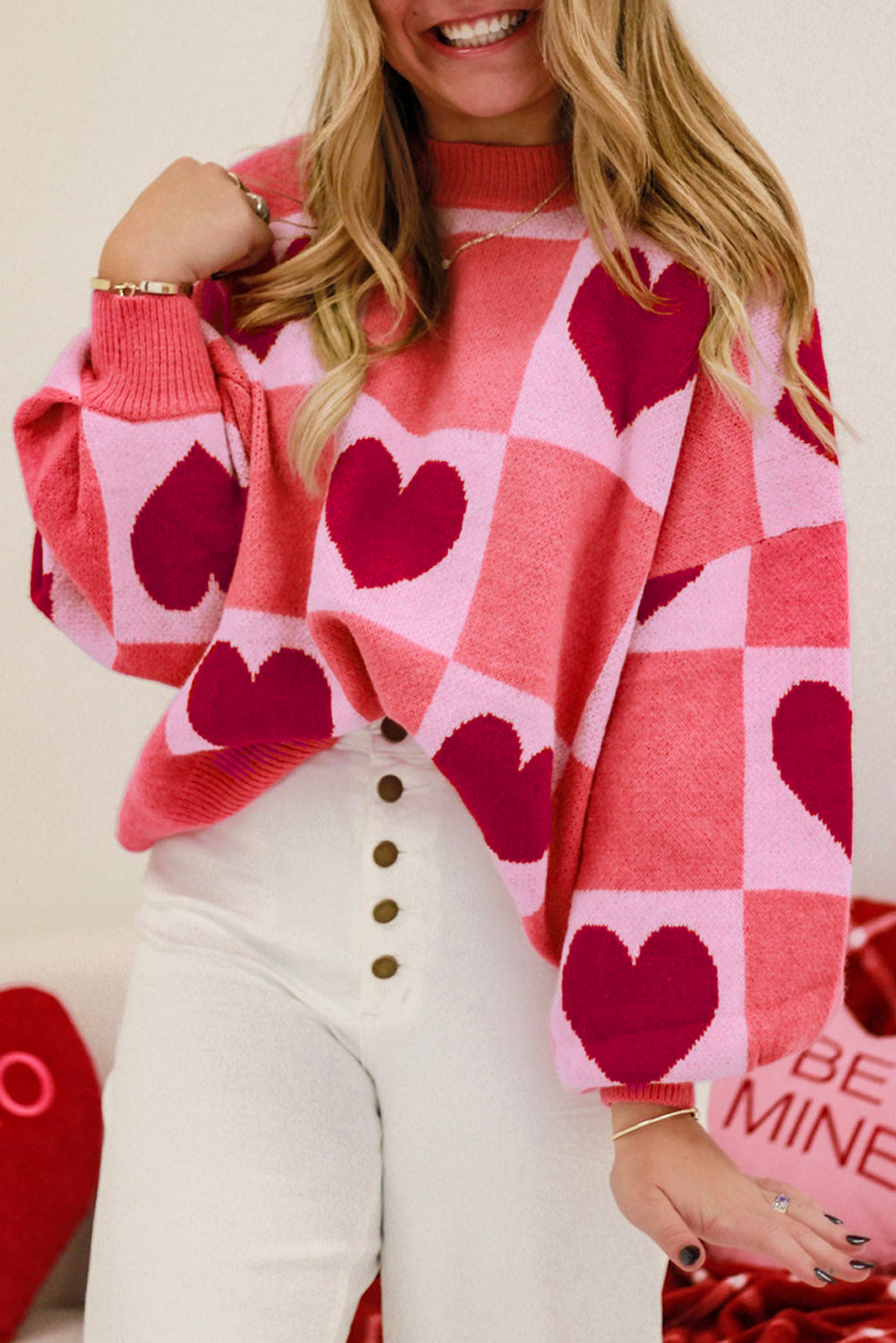 Pink Love Heart Checkered Valentine Crew Neck Sweater
