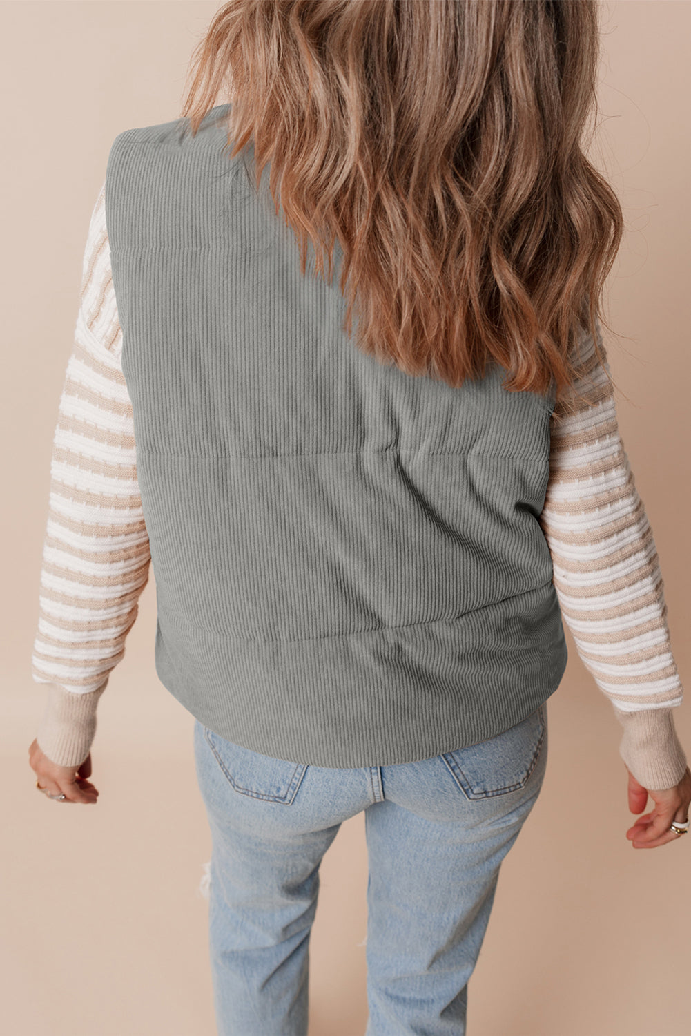 Beige Corduroy Stand Neck Zipped Puffer Vest