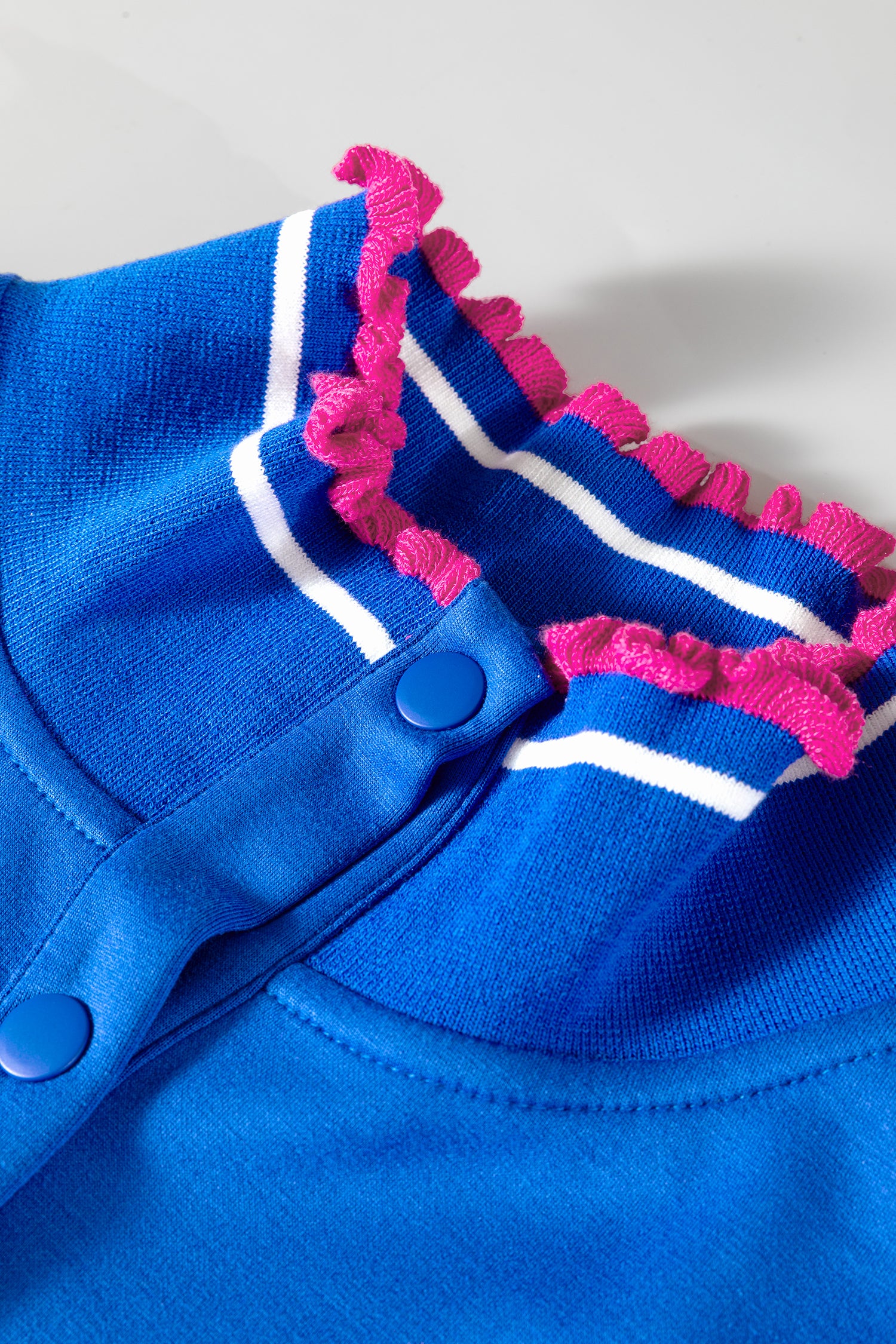 Sky Blue Contrast Frilled Trim Button Collared Short Sleeve Knit Top