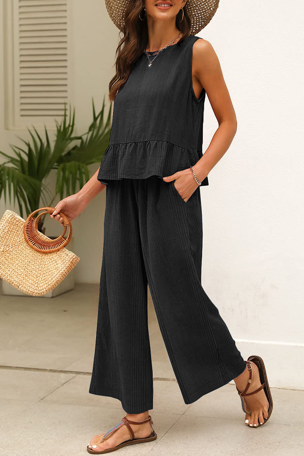 Beau Blue Solid Color Ribbed Ruffle Tank Top and Pants Set