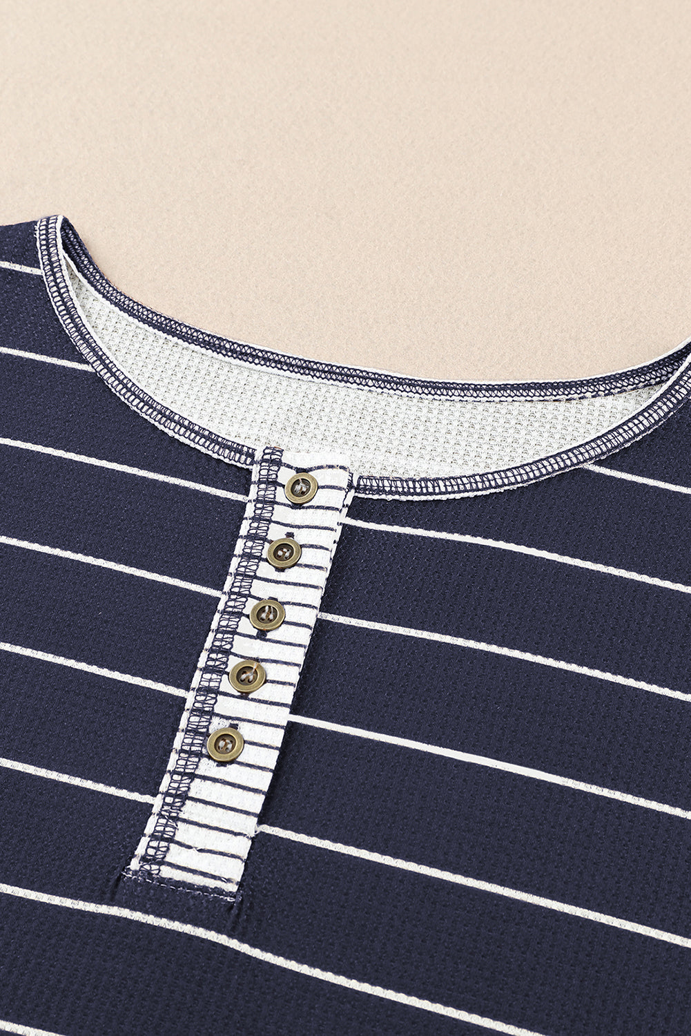 Navy Blue Striped Buttoned Henley Waffle Knit Top