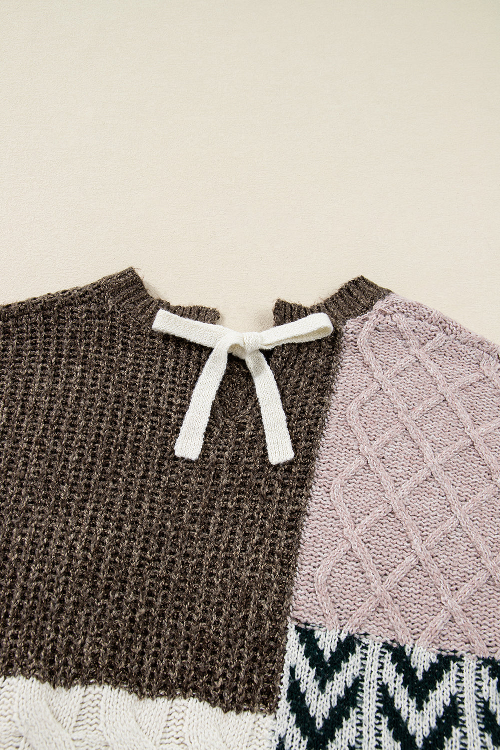 Brown Color Block Patchwork Knotted Back Loose Fit Sweater