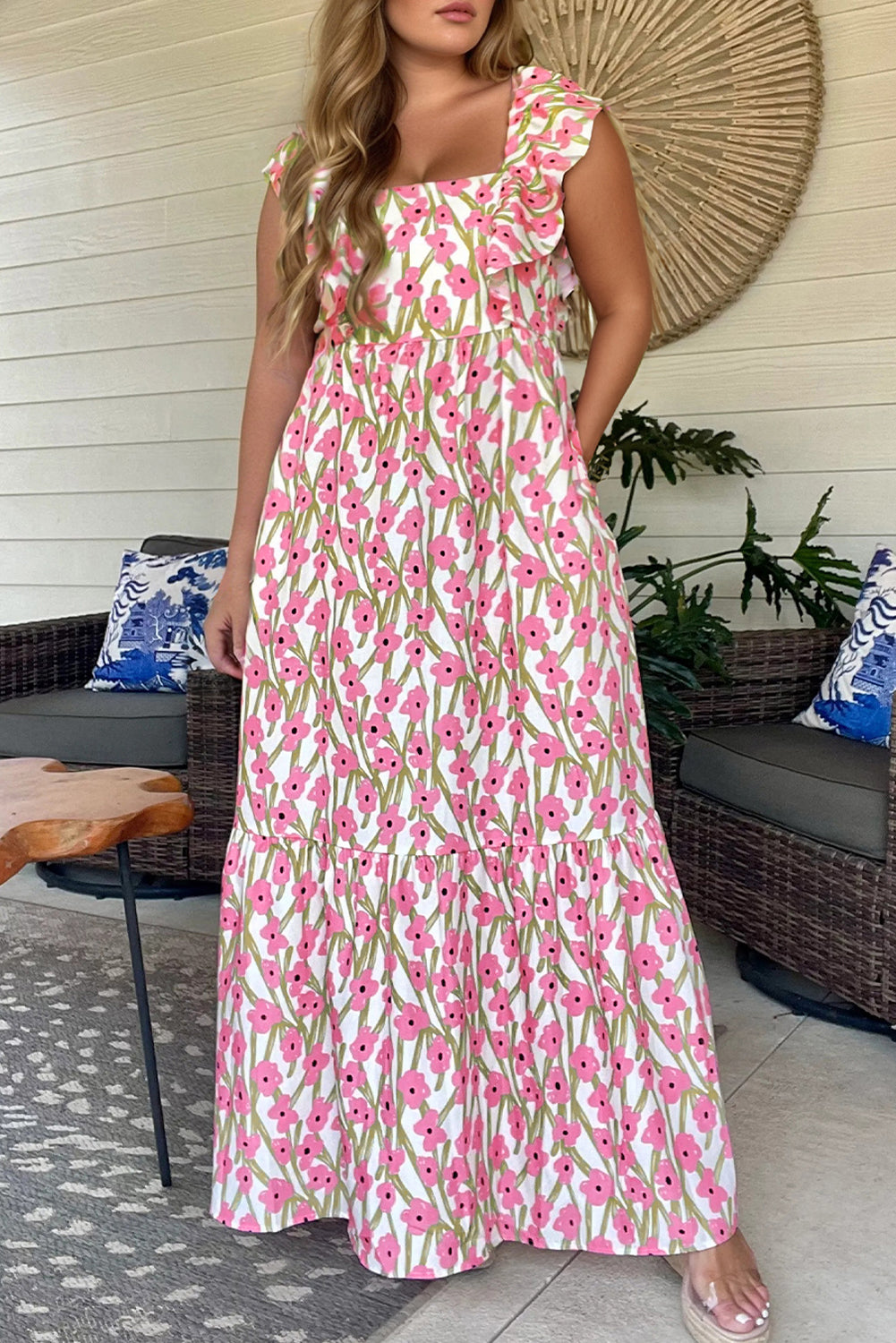 Blue Floral Print Square Neck Ruffled Strap Maxi Dress