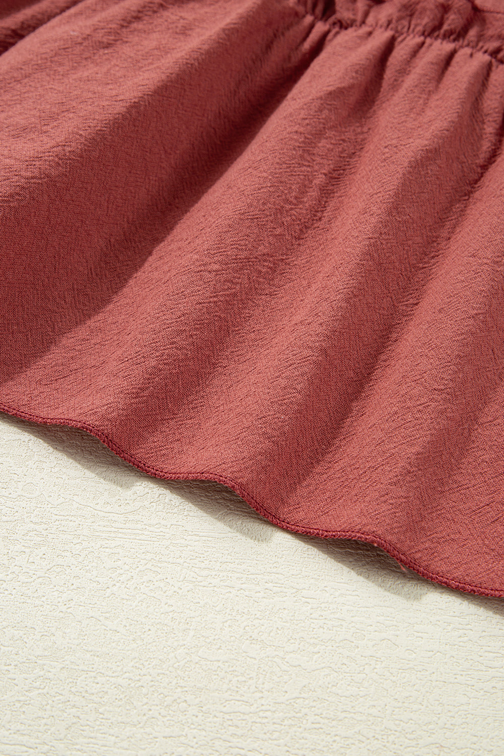 Red Sandalwood Geometric Stitch Shirred Bodice Ruffled Trim Sleeveless Mini Dress