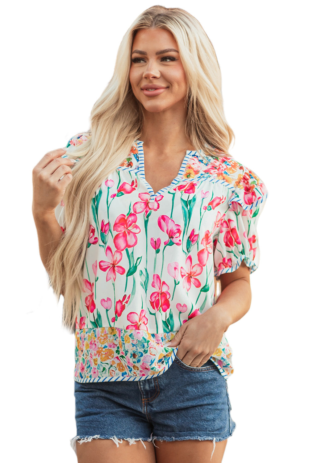 Pink Plus Size Floral Print Striped Trim V Neck Blouse