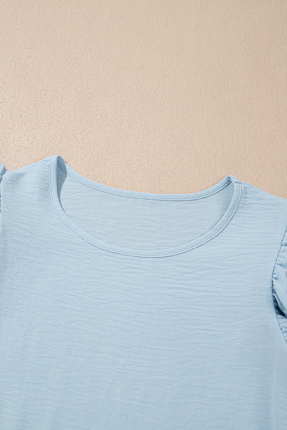Clearly Aqua Solid Color Ruffled Short Sleeve Casual Blouse