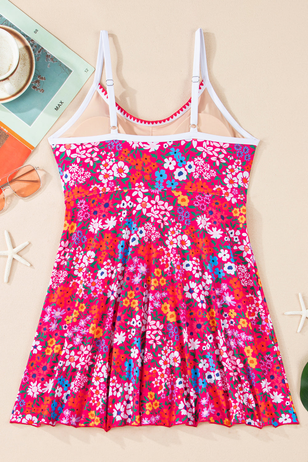 Red Floral Print Ricrac Trim Spaghetti Strap One Piece Swim Dress