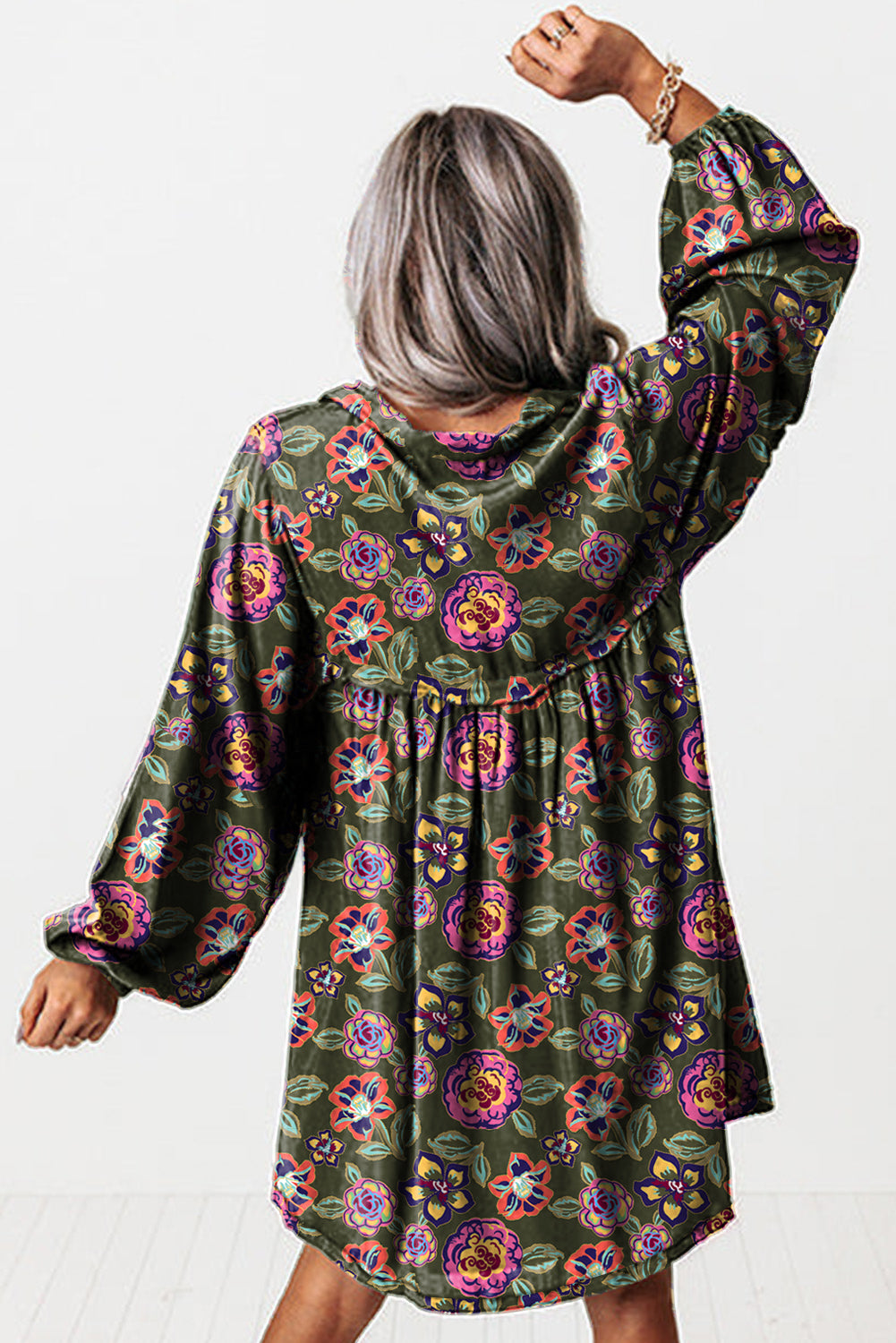 Green Plus Size Floral Print Collared V Neck Loose Mini Dress