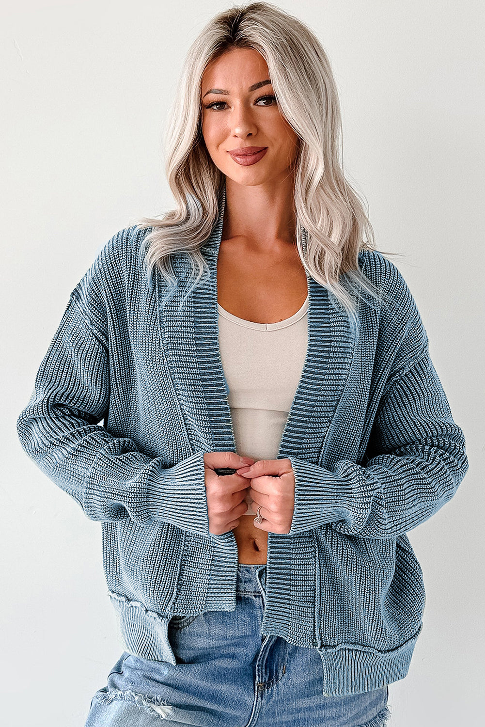 Dark Brown Mineral Wash Exposed Seam Patchwork Knit Open Sweater Cardigan