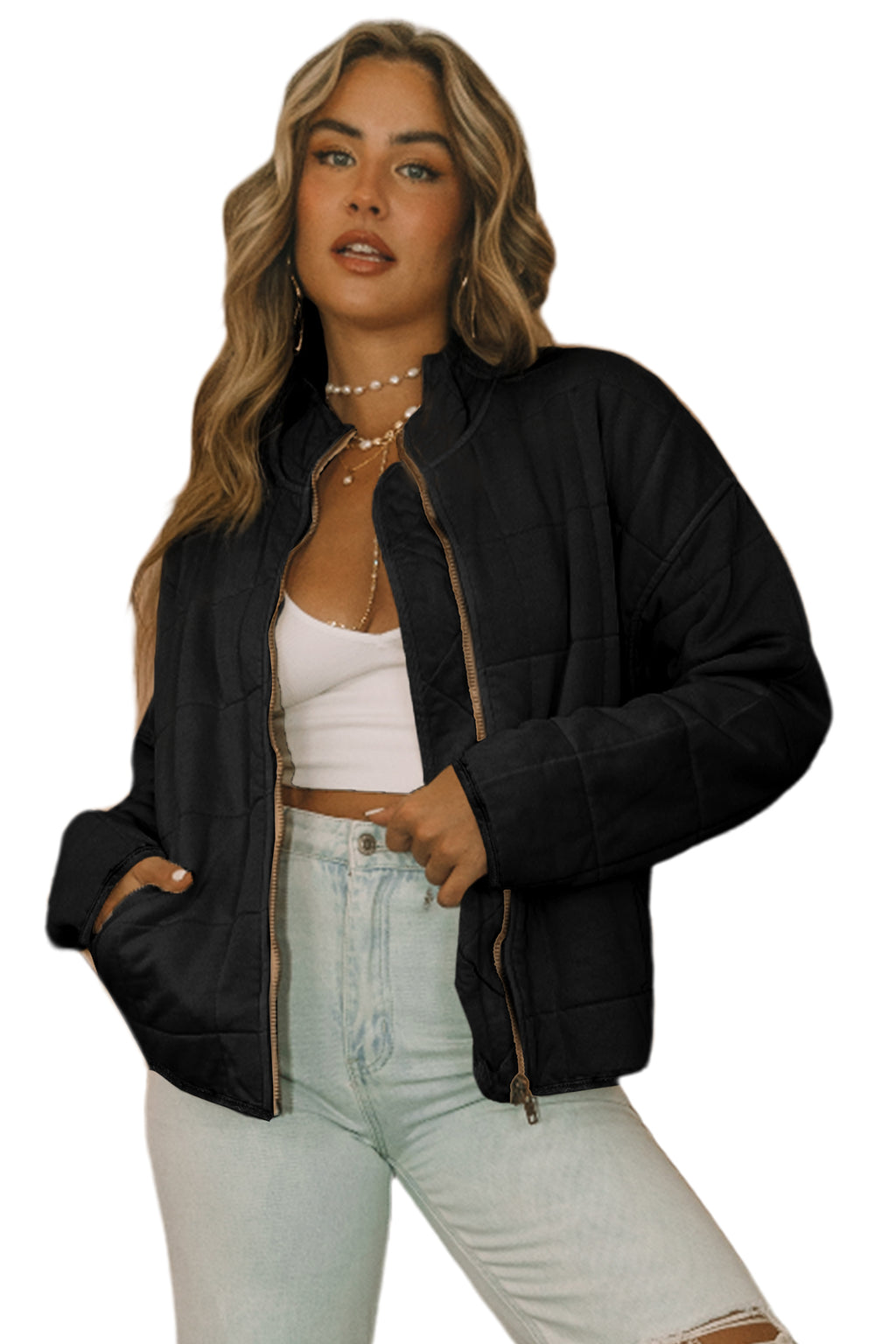 Khaki Zip-Up Pocket Quilted Jacket
