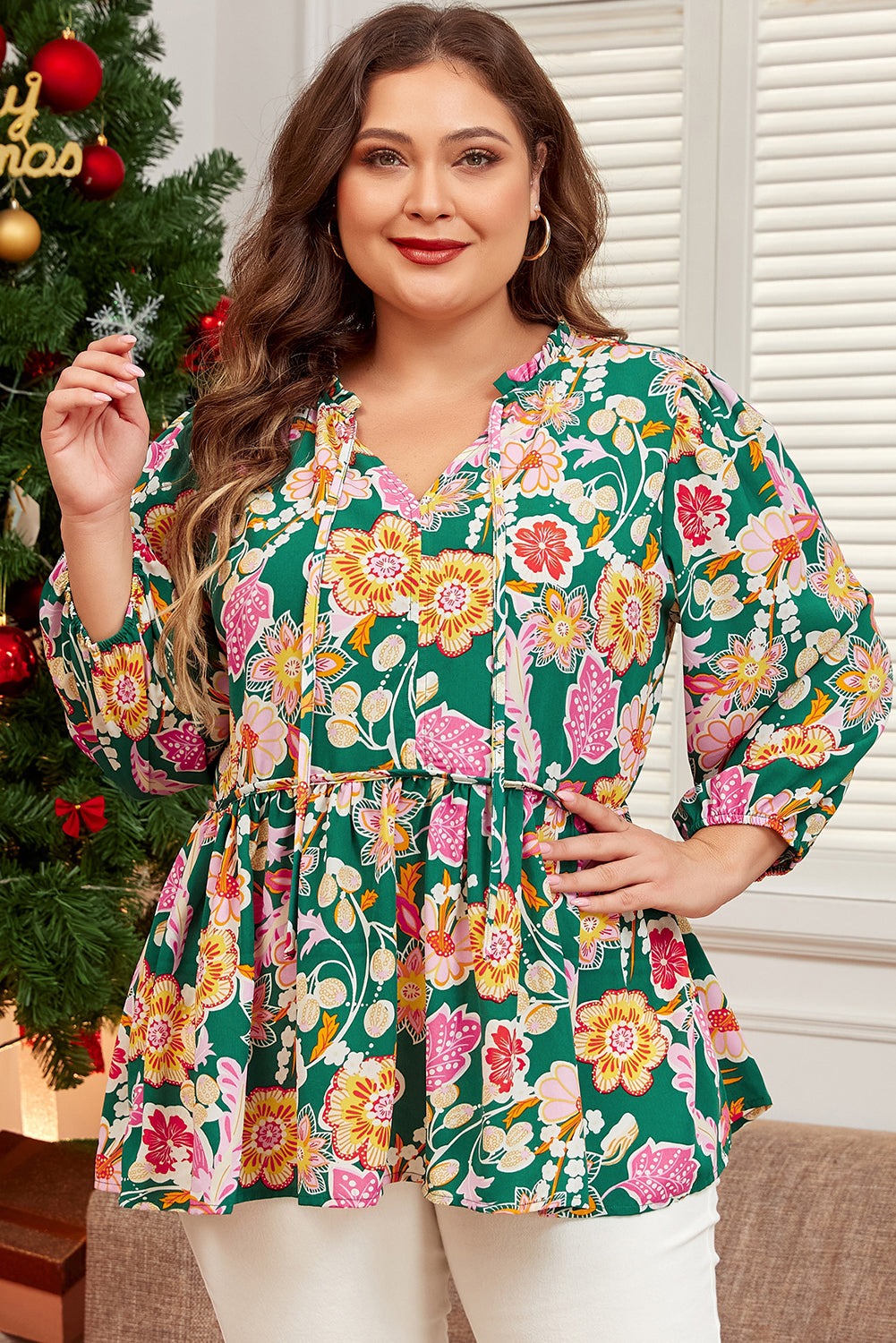 Green Floral Puff Sleeve V Neck Peplum Blouse