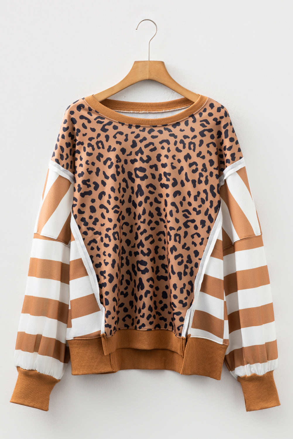 Khaki Leopard Striped Patchwork Plus Size Loose Sweatshirt