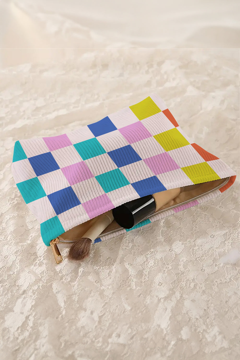 Pink Color Block Checkered Zipper Corduroy Cosmetic Bag