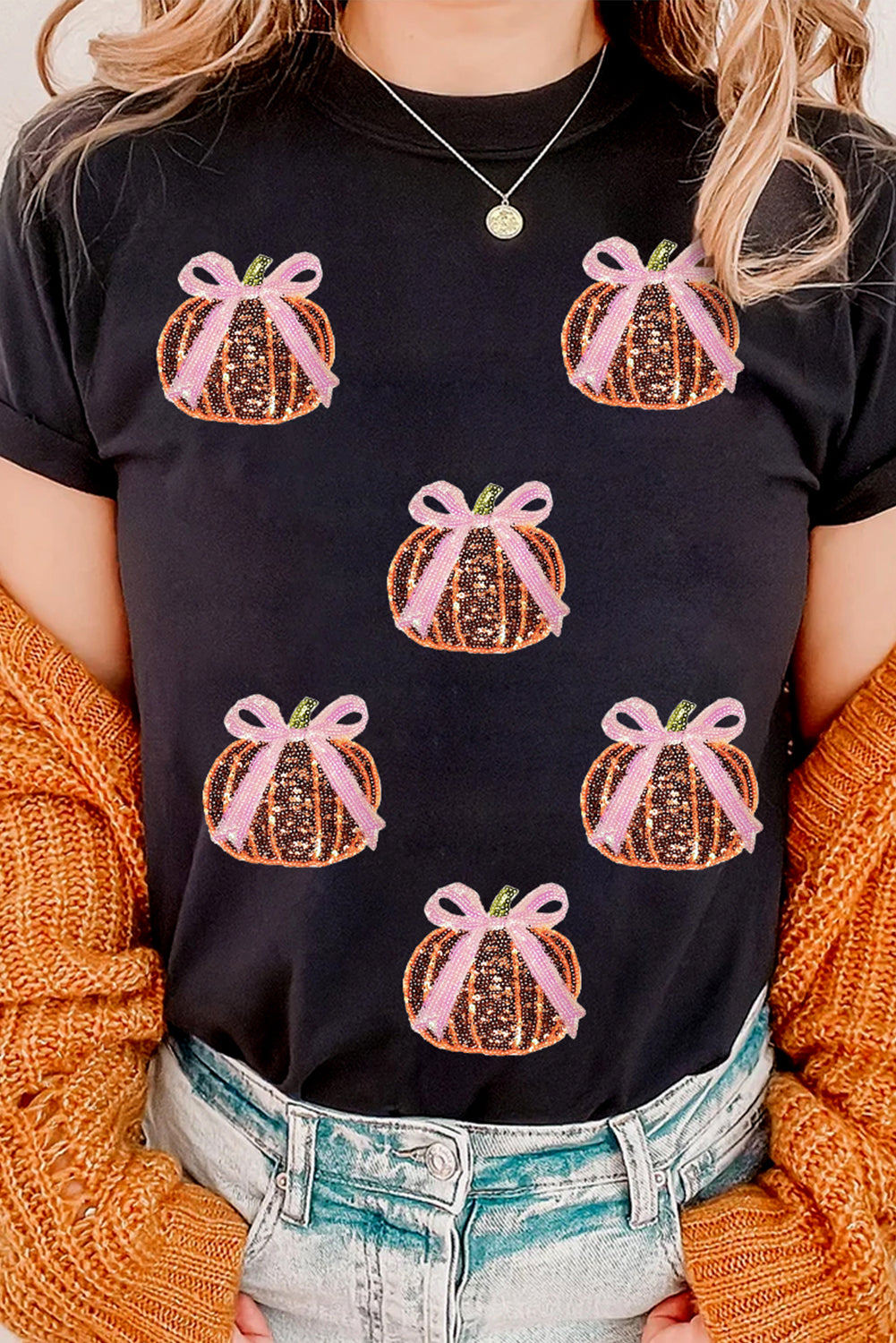 White Colorful Pumpkin Sequin Patched Drop Shoulder Sweatshirt