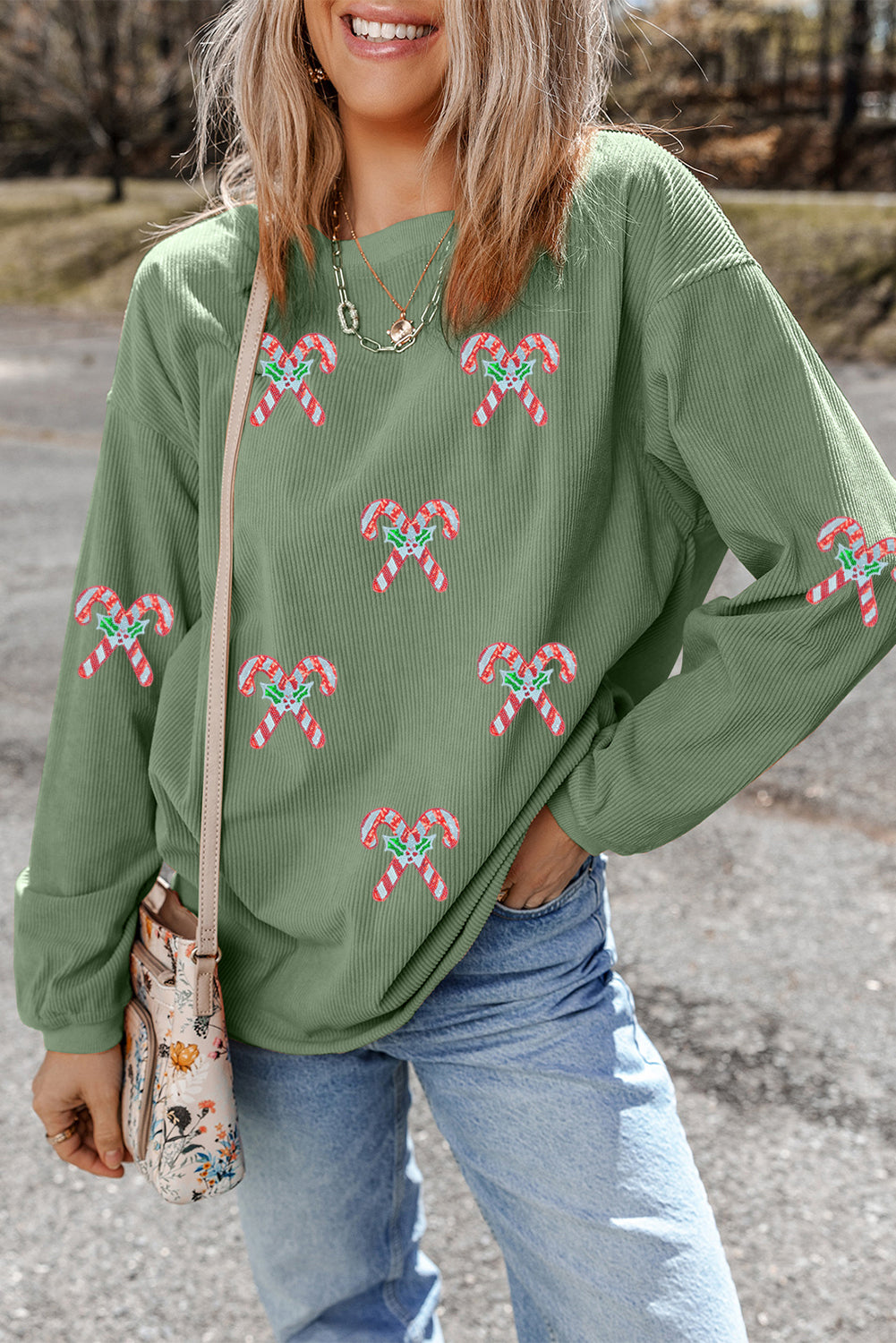 Grass Green Candy Cane Shimmer Patched Corded Baggy Sweatshirt