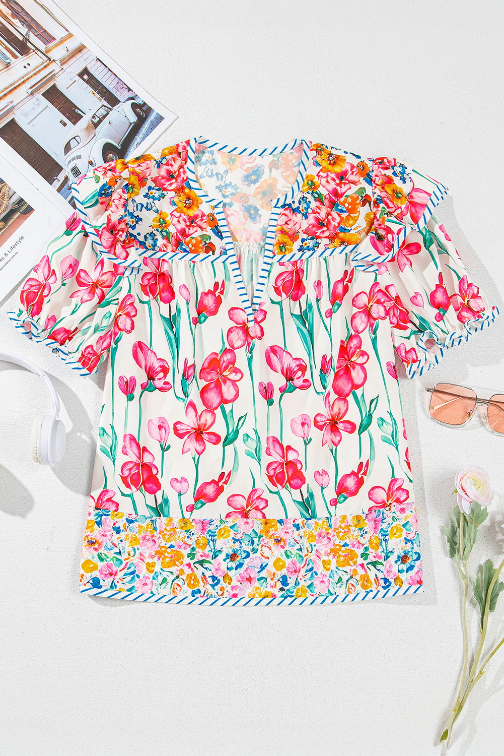 Pink Plus Size Floral Print Striped Trim V Neck Blouse