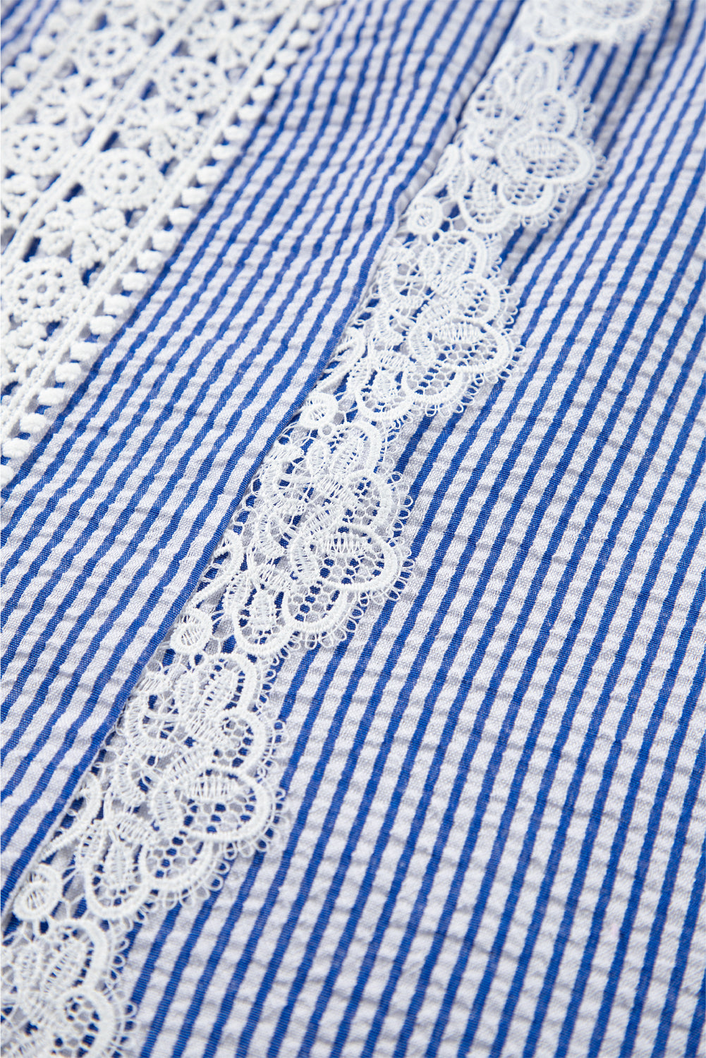 Sky Blue Stripe Floral Lace Splicing Puff Sleeve Blouse