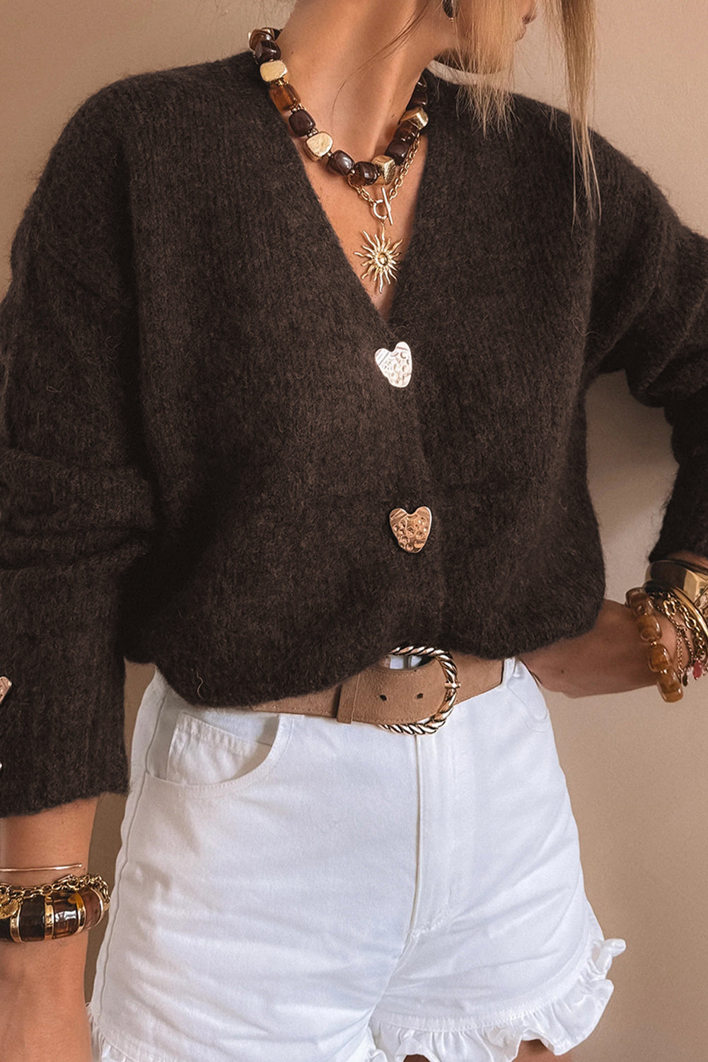 Fiery Red Heart Metal Button V Neck Cardigan Sweater