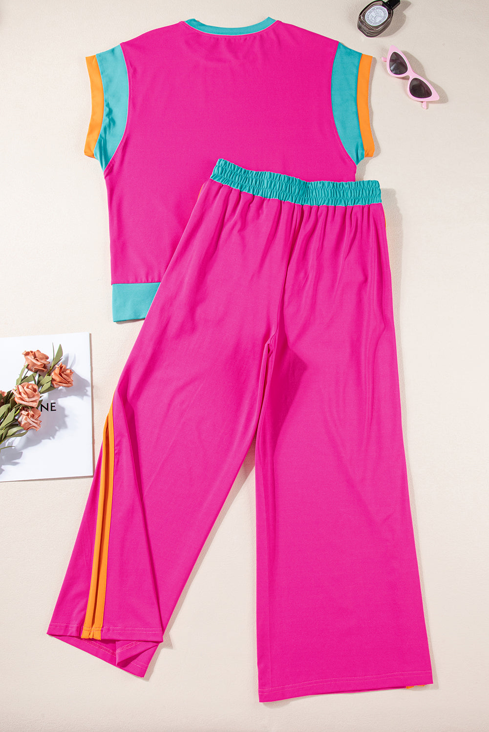 White Color Block Detail Casual Two-piece Set
