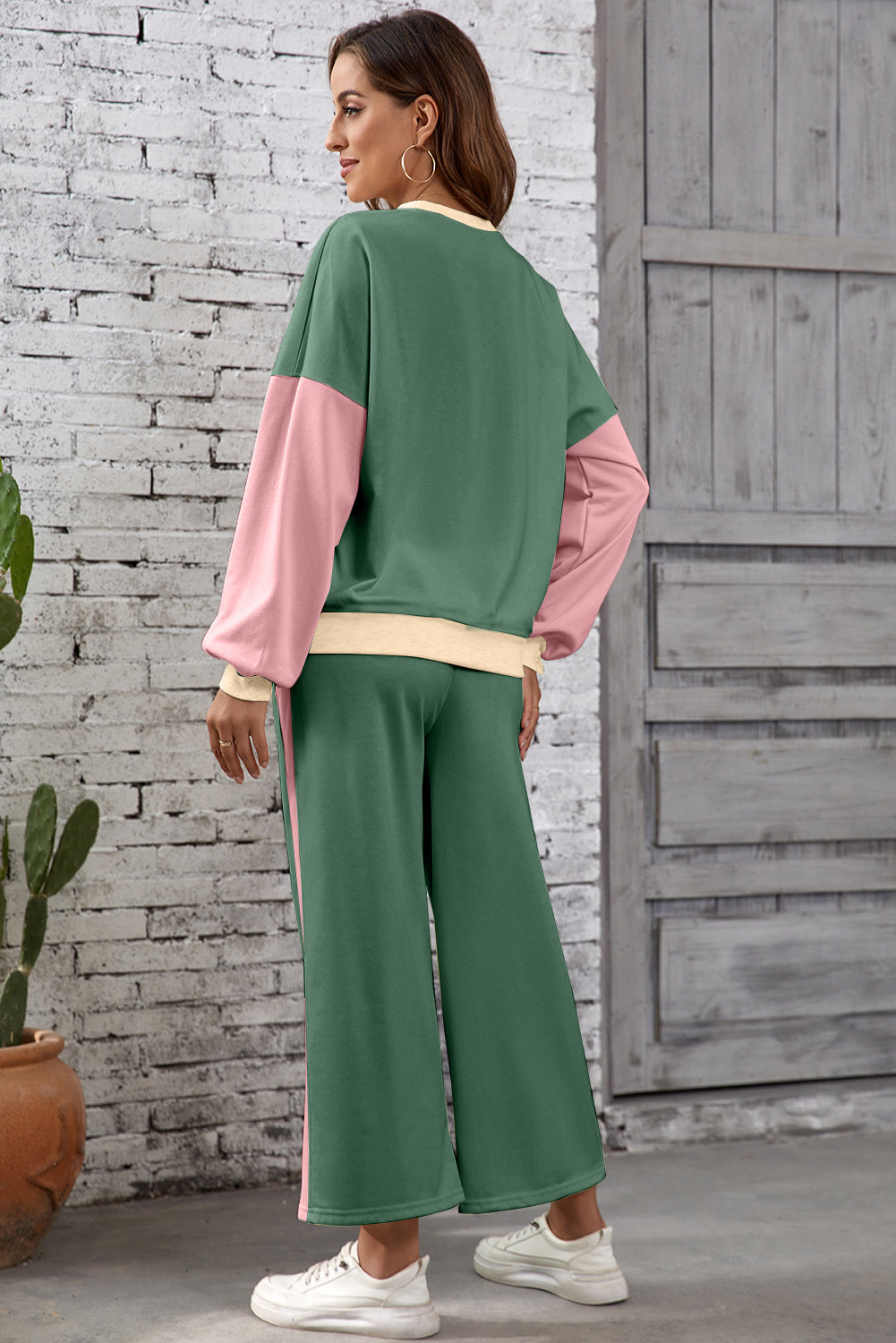 Apricot 2pcs Color Block Pullover Loose Pant Set