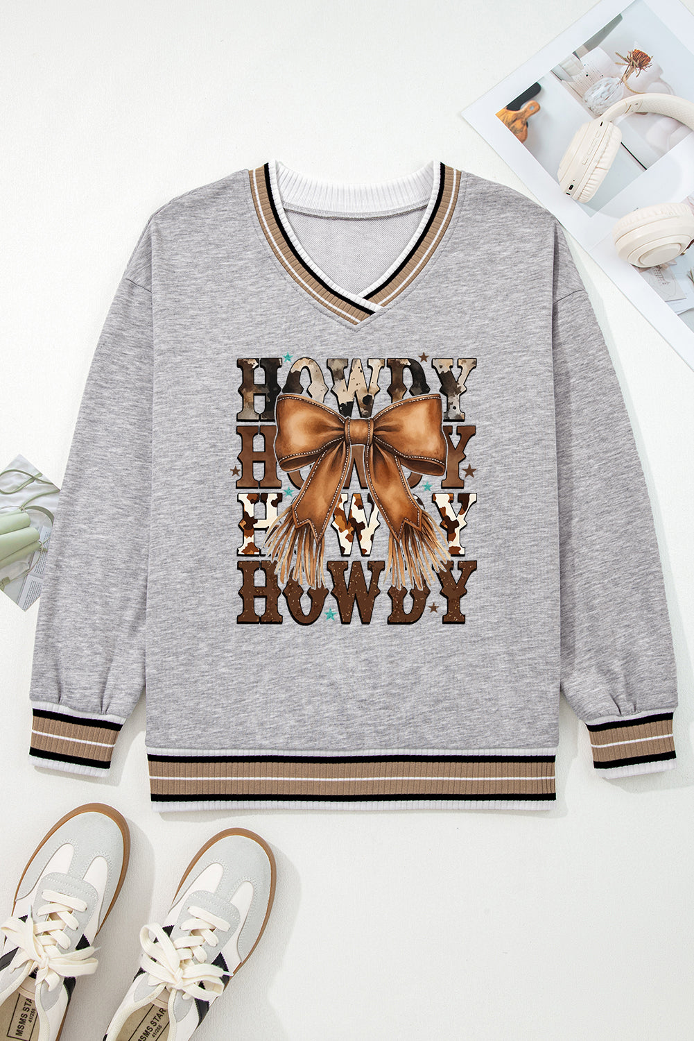 Gray Varsity Contrast Striped Trim V Neck Sweatshirt