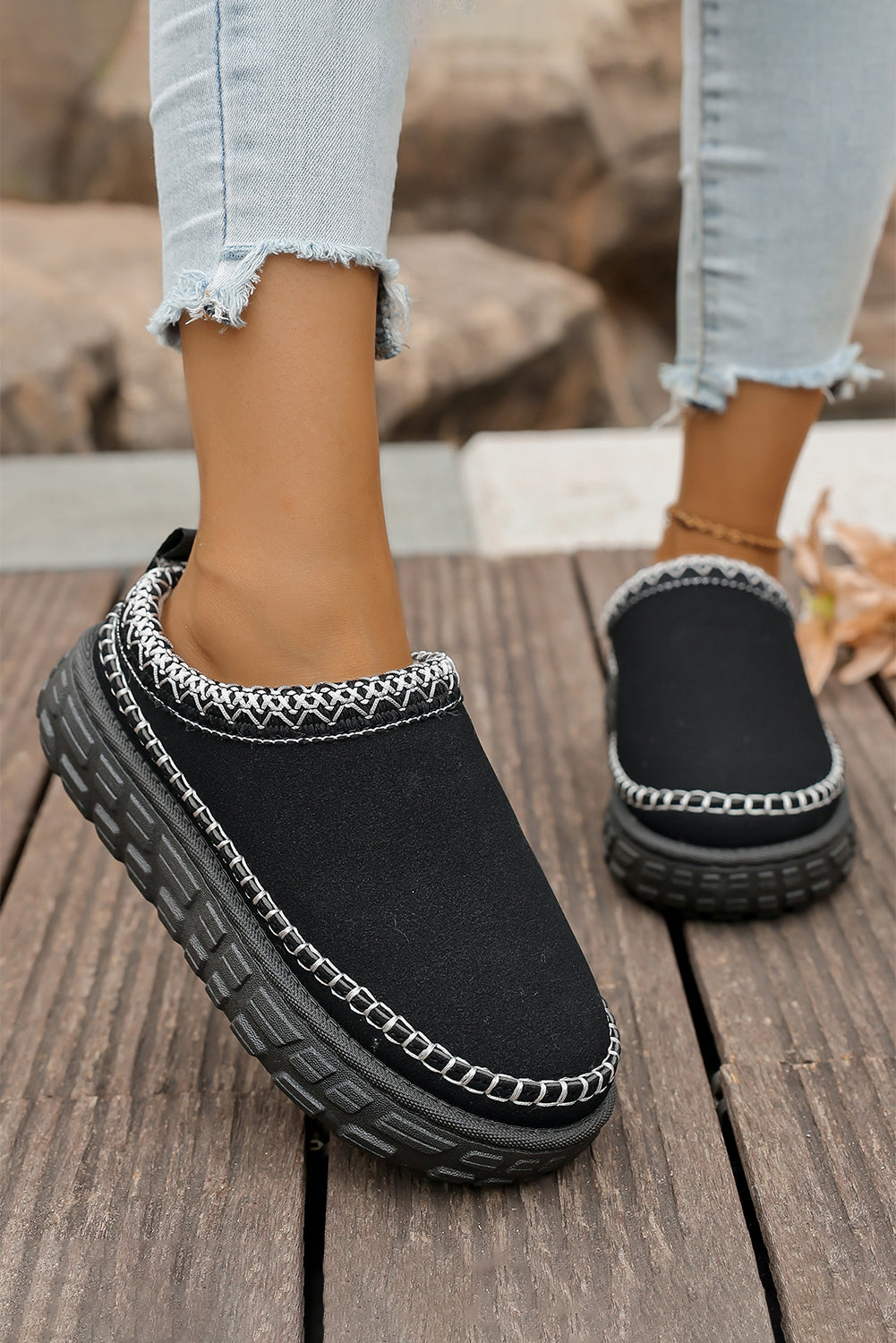 Coffee Contrast Stitch Detail Faux Suede PU Patchwork Plush Winter Clog Slippers