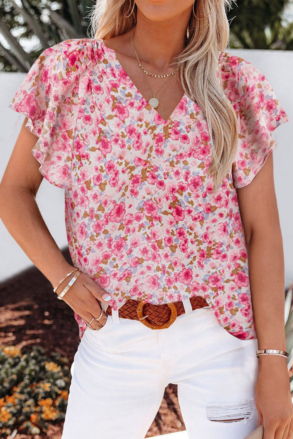 Blue Flutter Sleeve V Neck Floral Summer Blouse