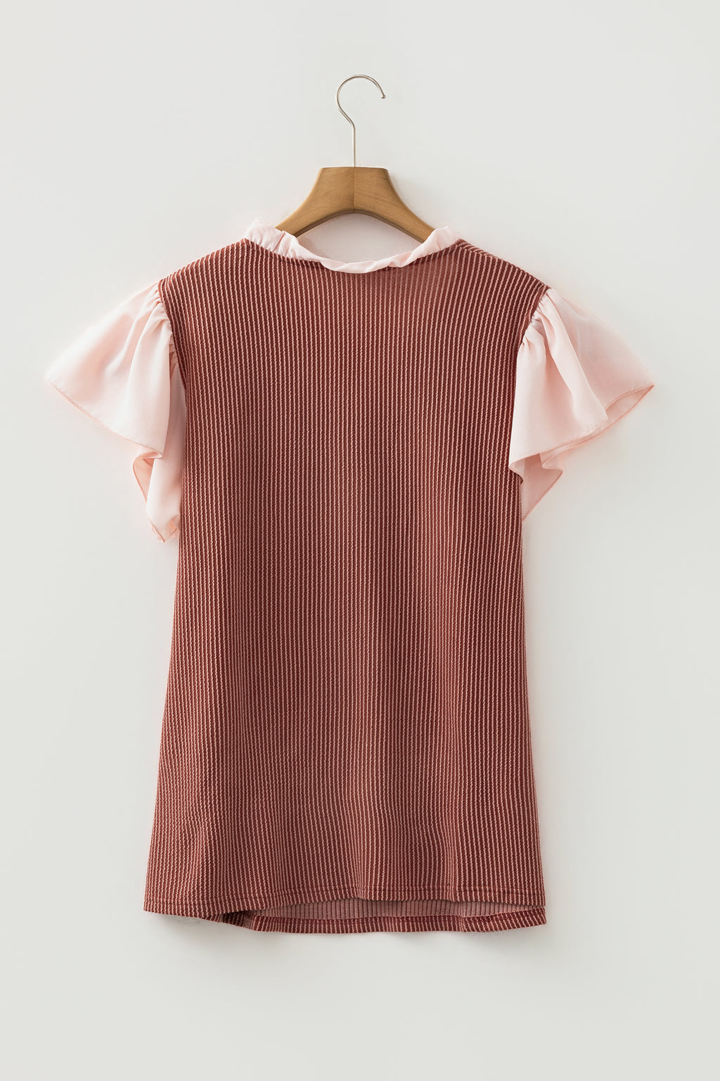 Black Plus Size Contrast Frilled Neckline Ruffled Short Sleeve Ribbed Textured Blouse