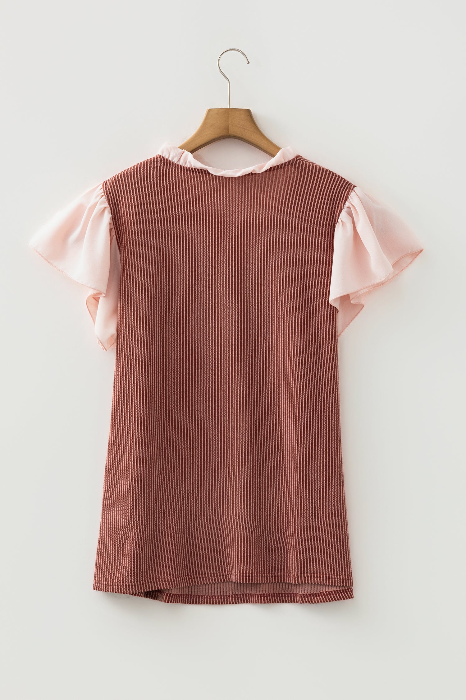Black Plus Size Contrast Frilled Neckline Ruffled Short Sleeve Ribbed Textured Blouse