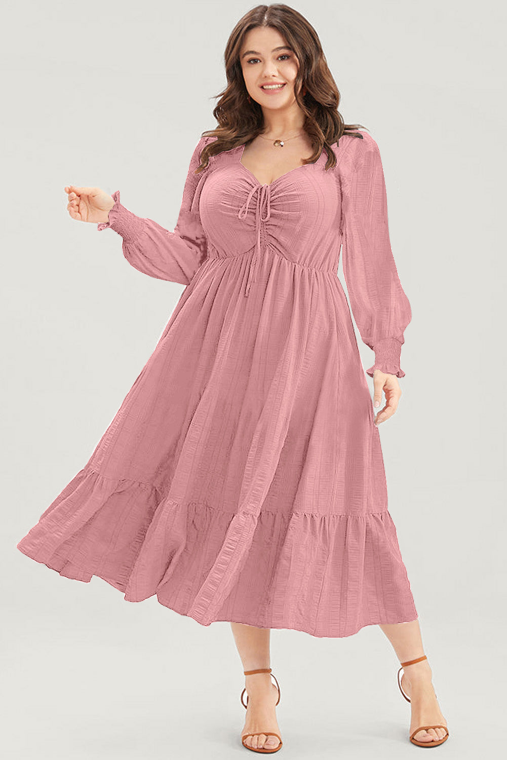 Black Lace-up Ruched Front Long Sleeve Ruffle Hem Plus Size Midi Dress