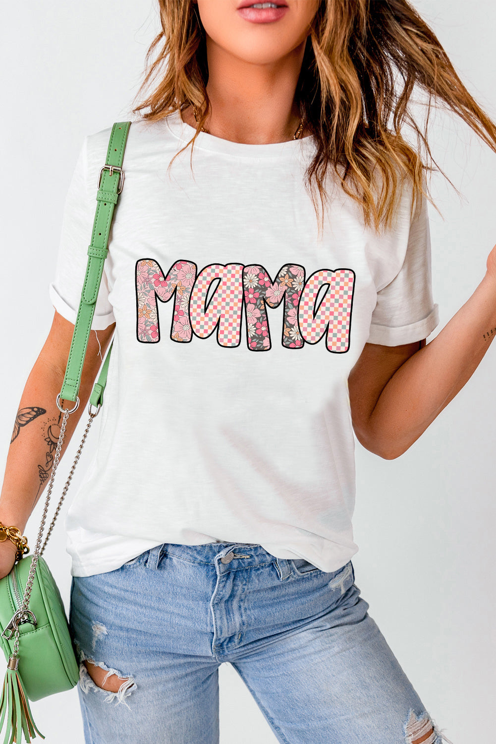 White Checkered Floral MaMa Graphic Crewneck T Shirt