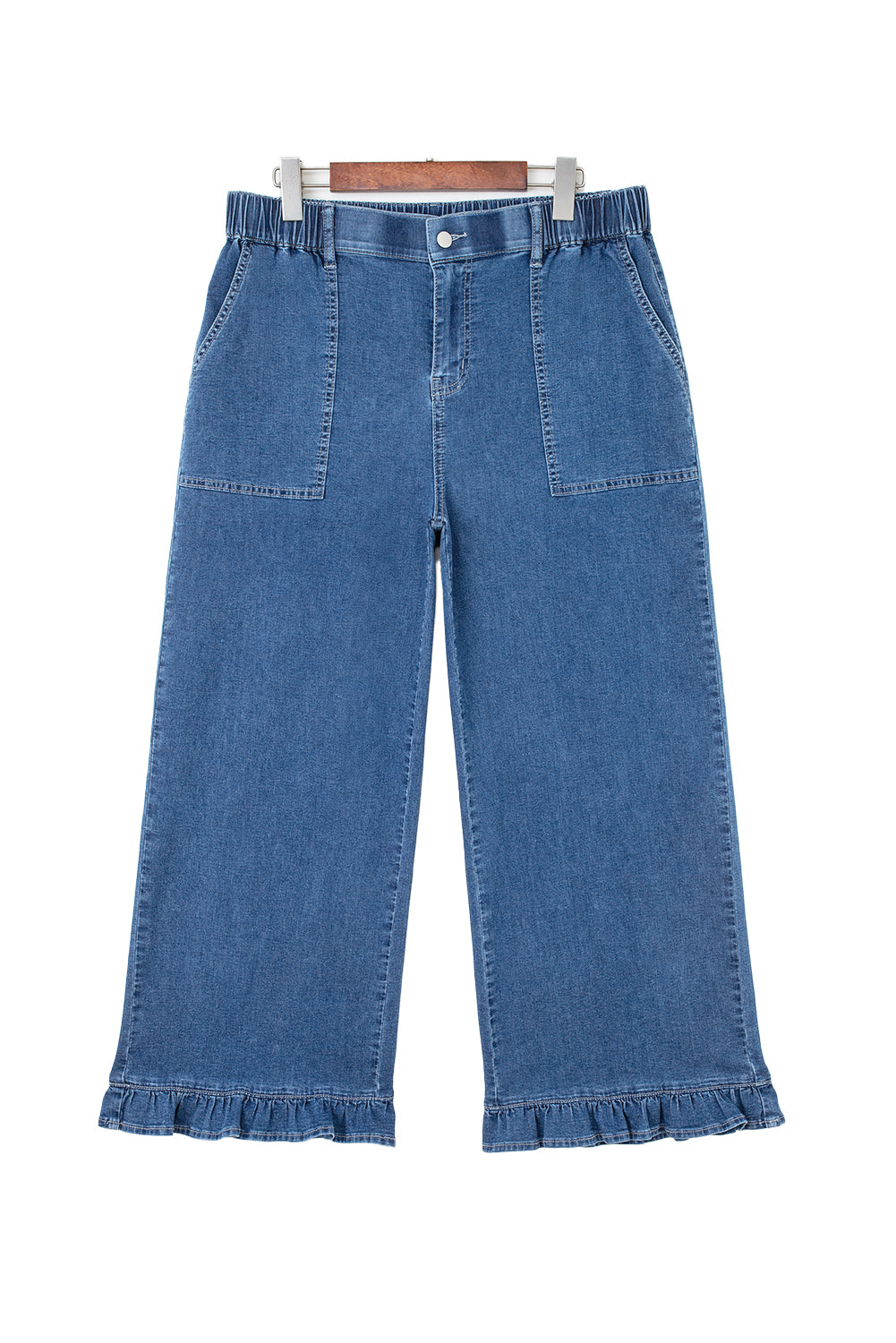 Black Plus Size Elastic Waist Ruffled Wide Leg Denim Pants