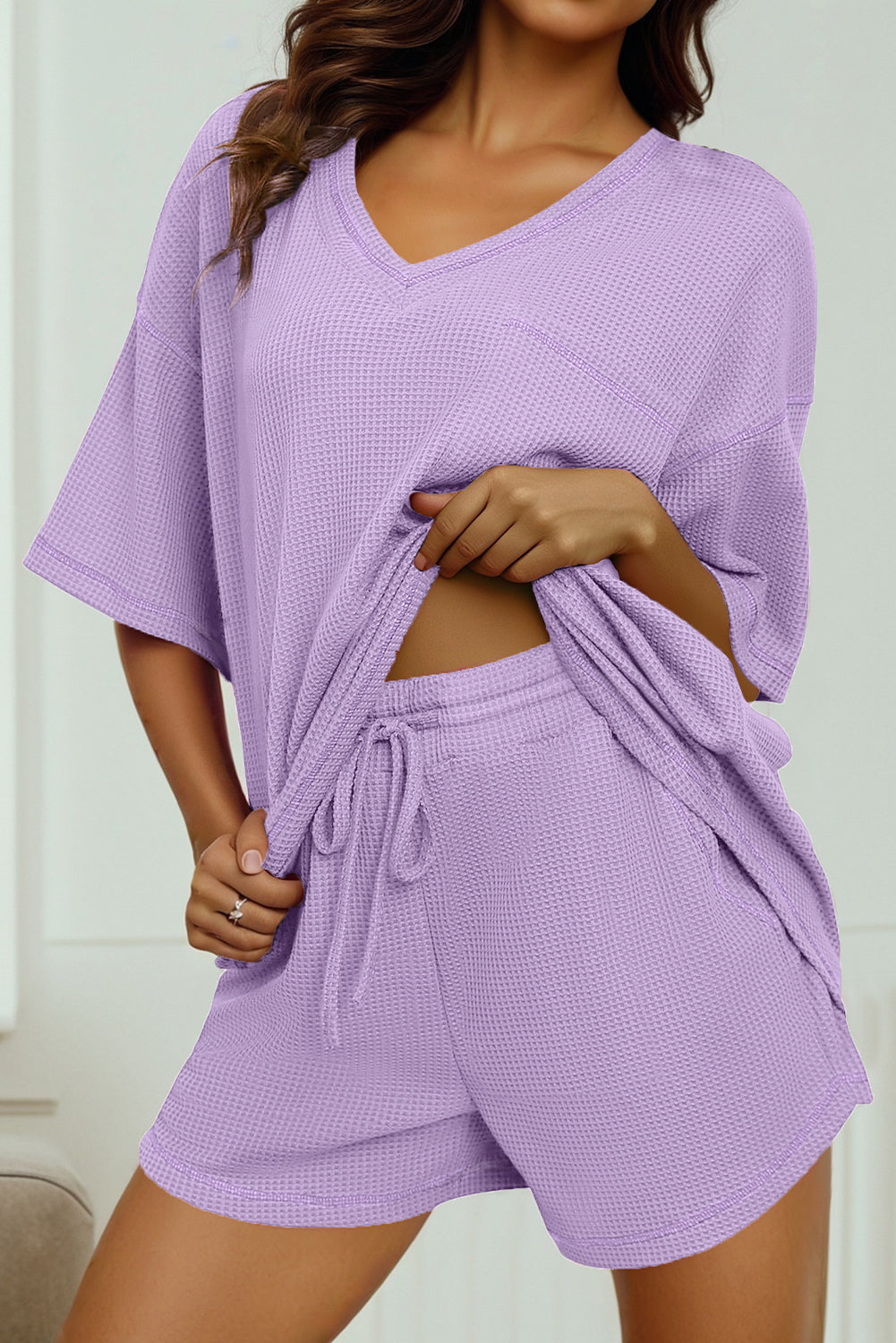Rose Red Solid Color Waffled V Neck Loose Tee Drawstring Shorts Set