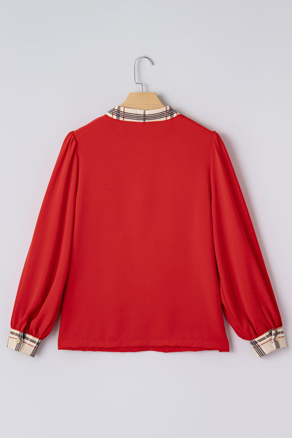 Racing Red Contrast Plaid Patchwork V Neck Long Sleeve Blouse