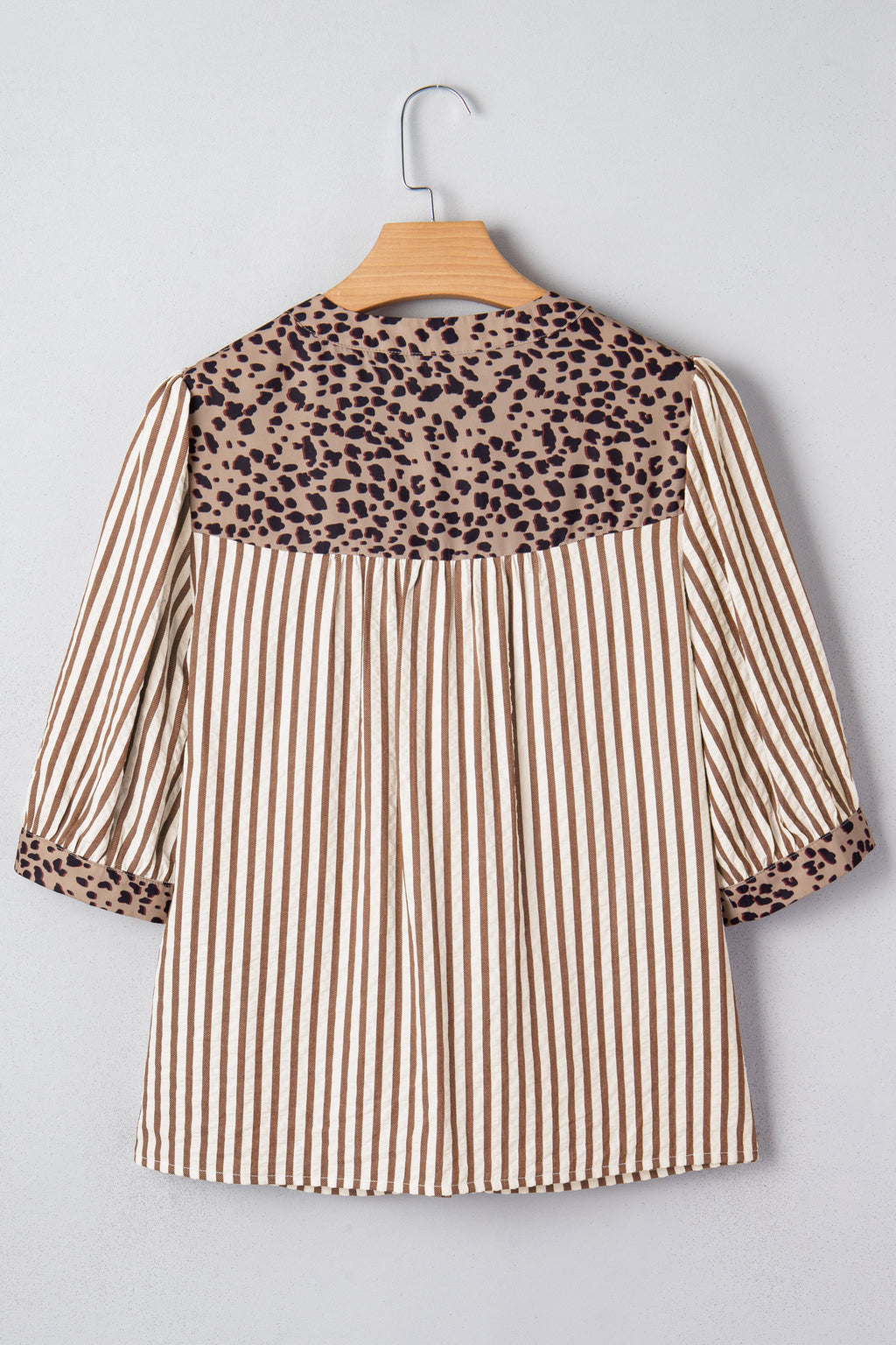 Sky Blue Stripe Leopard Trim V Neck Button Down Half Sleeve Shirt