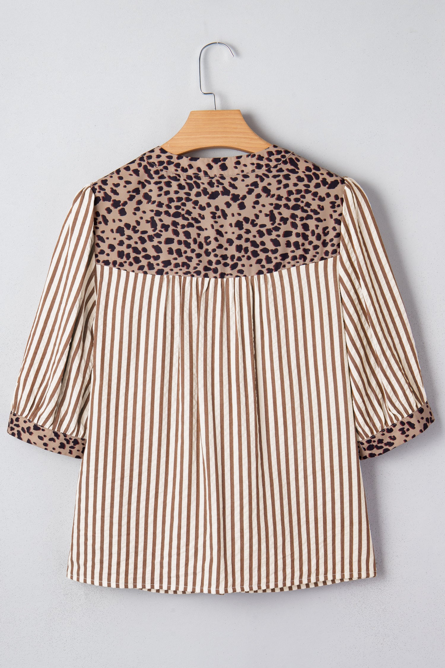 Sky Blue Stripe Leopard Trim V Neck Button Down Half Sleeve Shirt