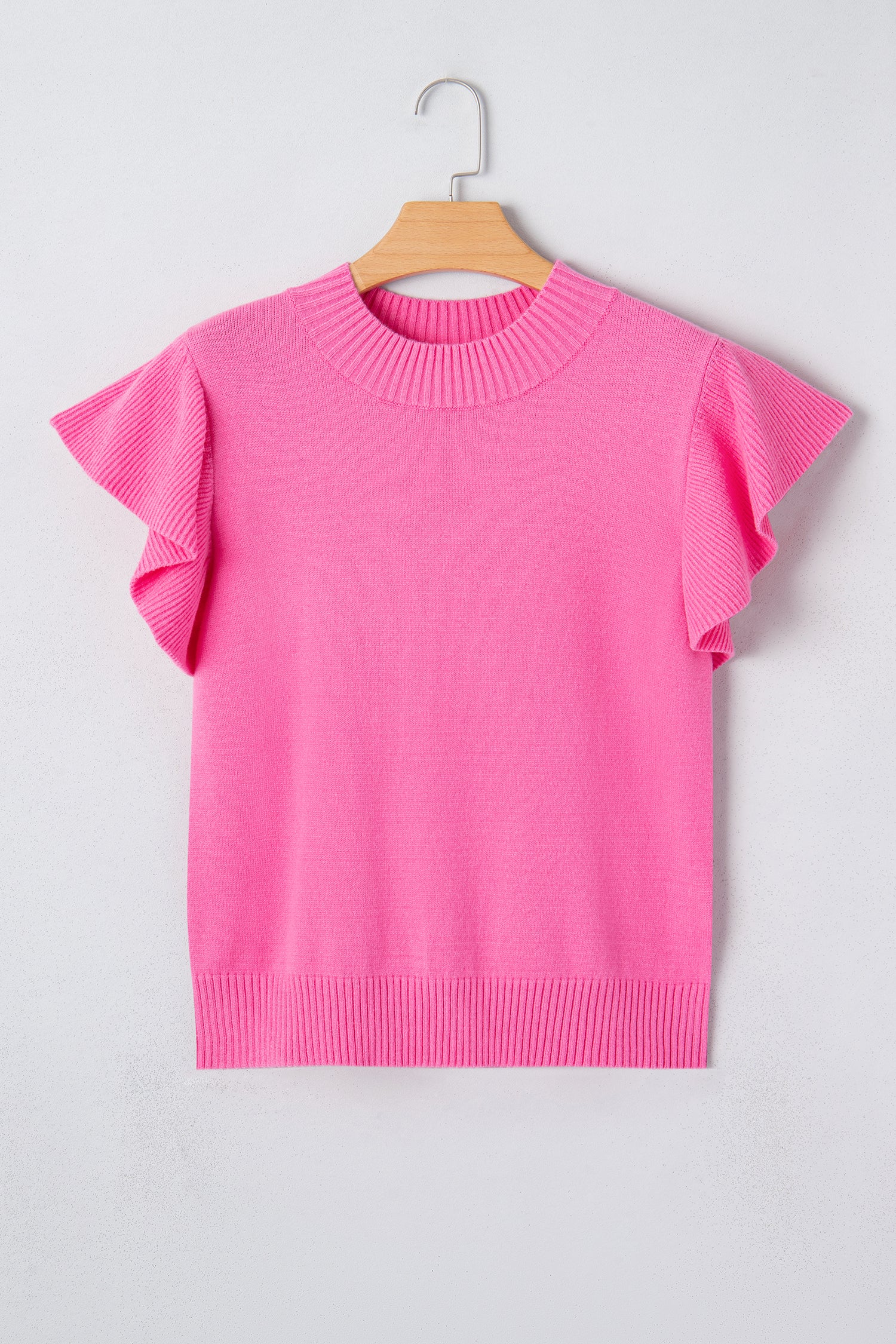 Beau Blue Solid Color Ribbed Trim Round Neck Ruffle Short Sleeve Sweater