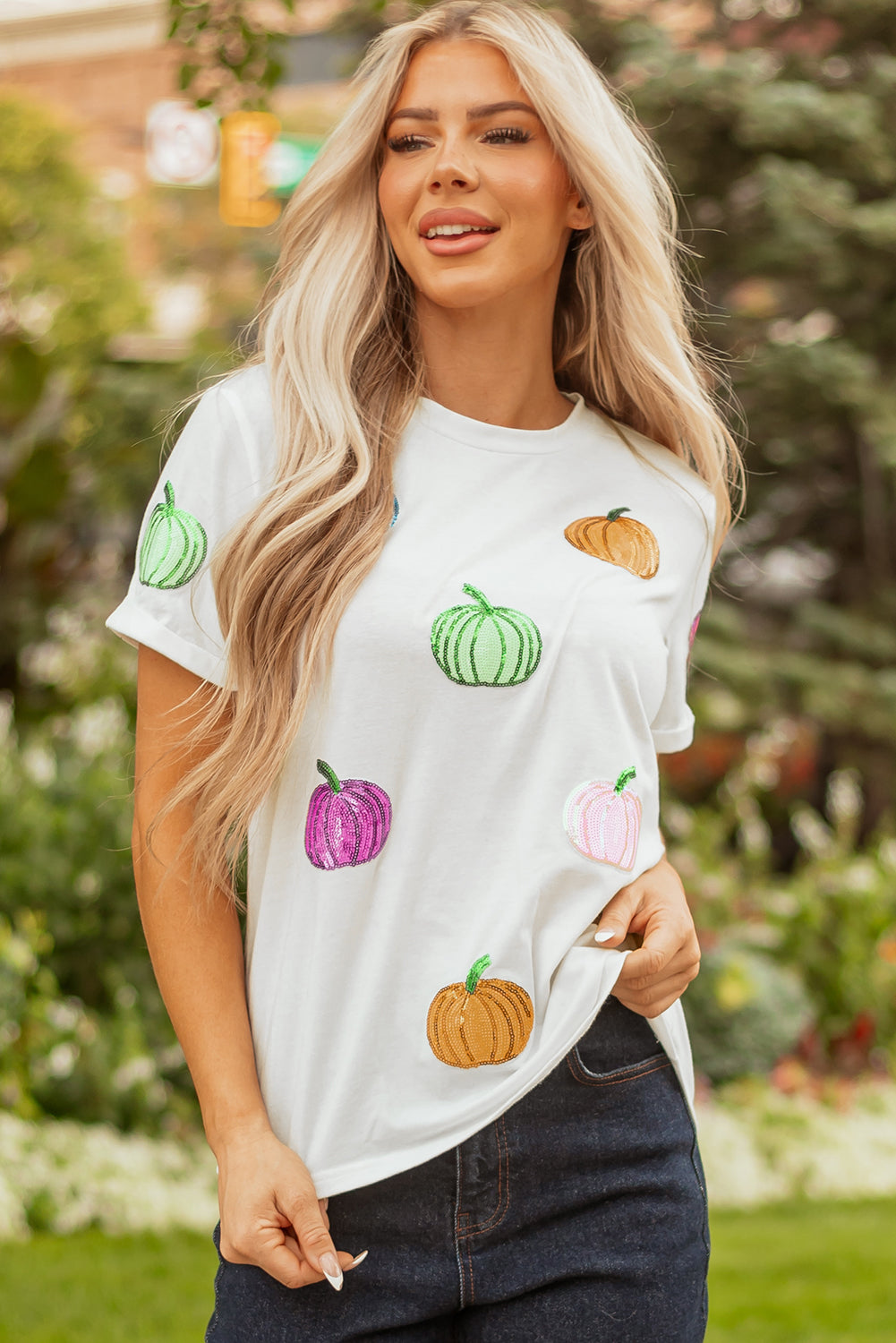 White Colorful Pumpkin Sequin Patched Drop Shoulder Sweatshirt
