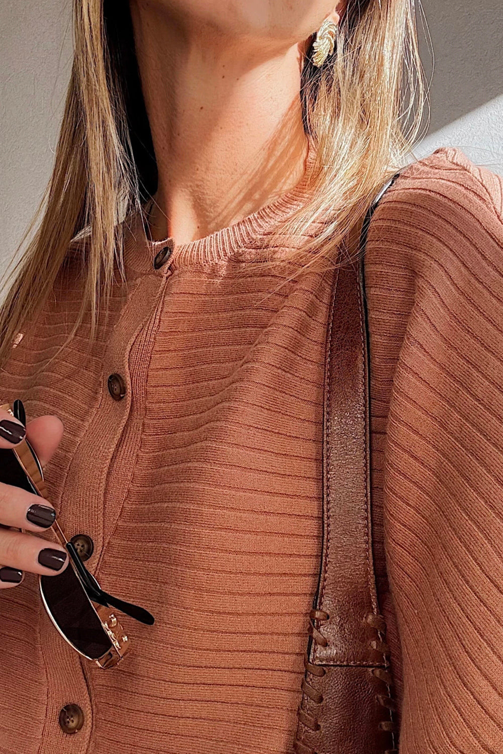 Apricot Pink Wide Rib Knit Button Front Dolman Sleeve Sweater Cardigan