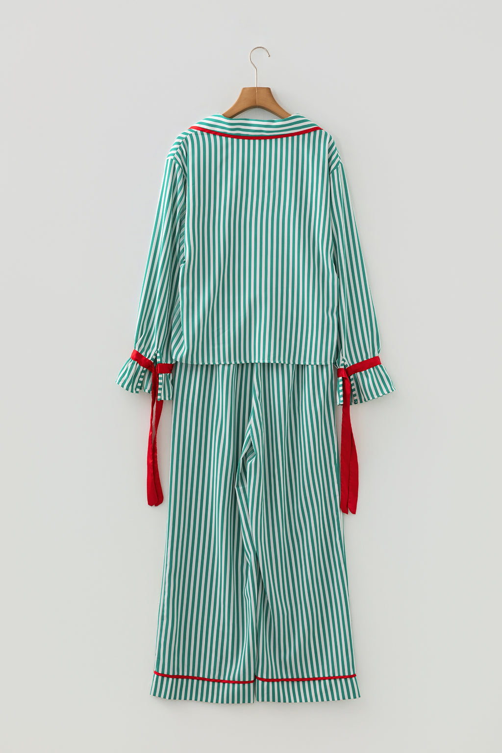 Red Stripe Contrast Velvet Trim Bow Knot Waist 2pcs Pajama Set