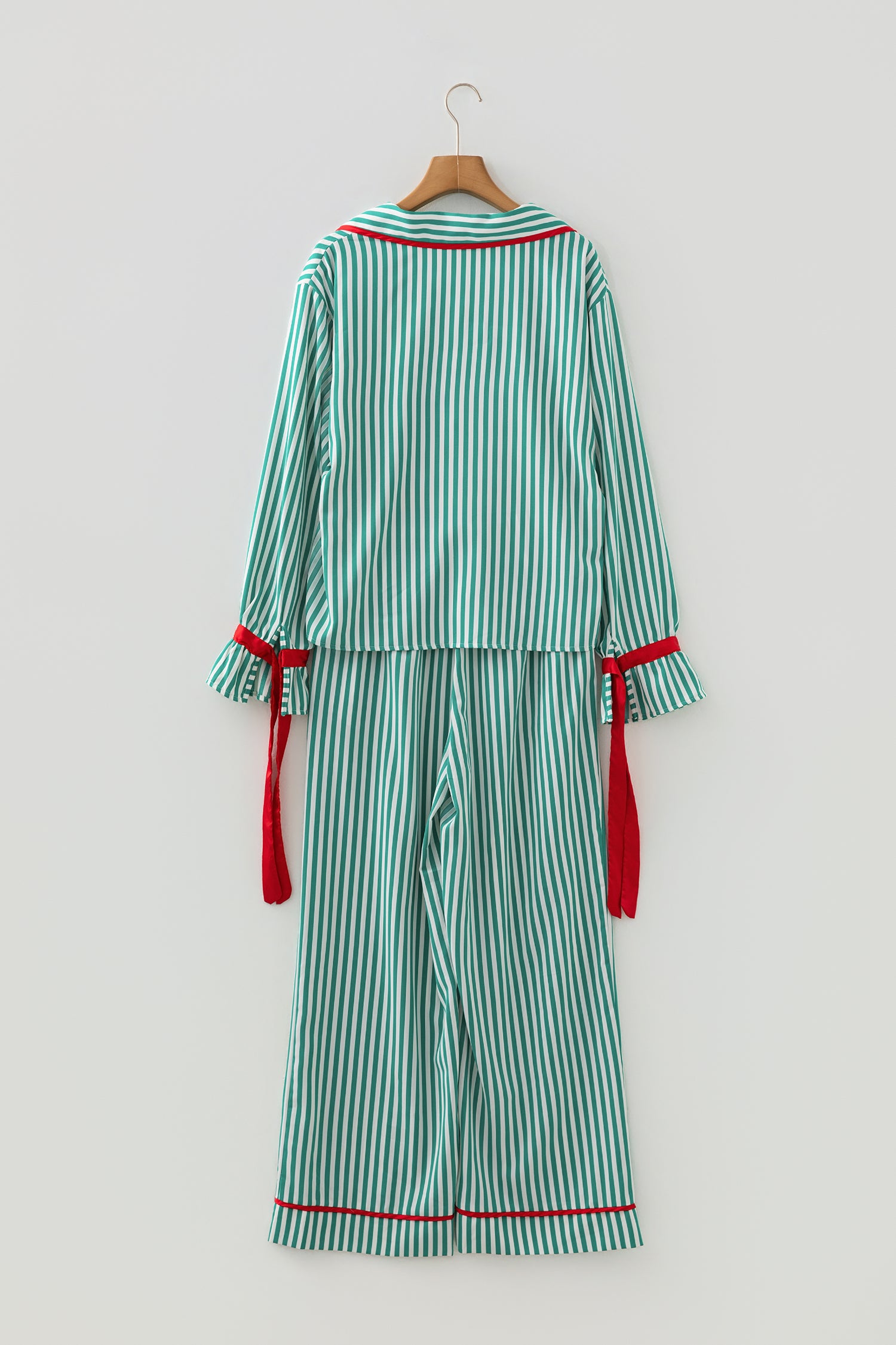 Red Stripe Contrast Velvet Trim Bow Knot Waist 2pcs Pajama Set